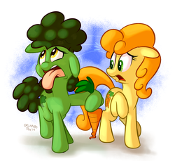 Size: 1200x1100 | Tagged: safe, artist:thedoggygal, carrot top, golden harvest, oc, food pony, original species, g4, broccoli, carrot, signature, tongue out