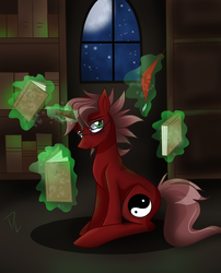Size: 1238x1530 | Tagged: safe, artist:derpsonhooves, oc, oc only, oc:sojourner, pony, unicorn, book, brown hair, cutie mark, feather, fur, glasses, green eyes, horn, library, male, night, red fur, smiling, solo, taijitu, yin-yang