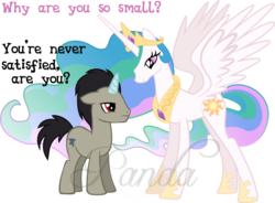 Size: 1024x754 | Tagged: safe, artist:ipandacakes, discord, princess celestia, g4, female, male, mare, ponified, pony discord, ship:dislestia, shipping, size difference, stallion, straight