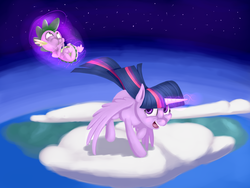 Size: 4000x3000 | Tagged: safe, artist:crazypon3, spike, twilight sparkle, alicorn, pony, g4, asphyxiation, cloud, cloudy, duo, earth, female, magic, mare, on a cloud, puffy cheeks, smiling, space, spread wings, telekinesis, twilight sparkle (alicorn), wide eyes
