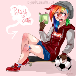 Size: 1500x1500 | Tagged: safe, artist:zorbitas, rainbow dash, human, g4, ball, bandaid, beanie, blushing, book, clothes, cut, dialogue, female, fingerless gloves, football, gloves, hat, hoodie, humanized, injured, looking back, obey, open mouth, shoes, shorts, sitting, skateboard, solo, swag