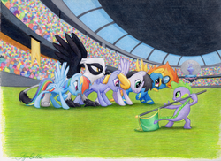 Size: 2632x1913 | Tagged: safe, artist:syncallio, cloud kicker, natalya, rainbow dash, rainbow swoop, spectrum, spike, spitfire, griffon, equestria games (episode), g4, equestria games, fanfic art, fanfic cover, traditional art