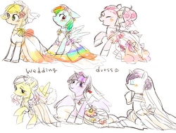 Size: 816x618 | Tagged: safe, artist:chi-hayu, applejack, fluttershy, pinkie pie, rainbow dash, rarity, twilight sparkle, alicorn, pony, g4, clothes, dress, female, mane six, mare, twilight sparkle (alicorn), wedding dress