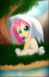 Size: 1000x1552 | Tagged: safe, artist:fj-c, fluttershy, equestria girls, g4, baby, bunny costume, bunnyshy, clothes, cloud, female, grass, pacifier, river, sand, solo, tree, water, younger