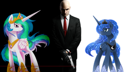 Size: 2000x1125 | Tagged: safe, artist:vavacung, princess celestia, princess luna, human, g4, agent 47, hitman