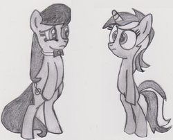 Size: 1024x829 | Tagged: safe, anonymous artist, lyra heartstrings, octavia melody, earth pony, pony, unicorn, g4, bipedal, grayscale, monochrome, pencil, pencil drawing, traditional art, unamused