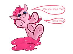 Size: 1038x778 | Tagged: safe, artist:k :d, pinkie pie, earth pony, pony, g4, bronybait, cute, diapinkes, female, heart eyes, love, on back, pixiv, simple background, solo, underhoof, weapons-grade cute, white background