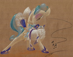 Size: 1280x998 | Tagged: safe, artist:getchanoodlewet, sapphire shores, earth pony, pony, g4, clothes, female, hat, hoof shoes, looking at you, mare, music notes, singing, solo, traditional art