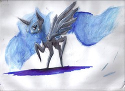 Size: 2338x1700 | Tagged: safe, artist:realorunan0459, princess luna, g4, female, frown, pointy ponies, raised hoof, raised leg, sad, solo, spread wings, traditional art