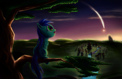 Size: 2500x1618 | Tagged: safe, artist:fox-moonglow, oc, oc only, night, ponyville, scenery, solo, tree