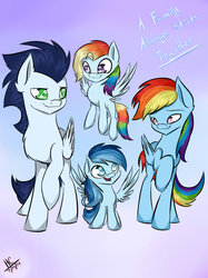 Size: 1024x1371 | Tagged: safe, artist:hayley1432, rainbow dash, soarin', oc, oc:ragtag, oc:shooting star, g4, family, female, filly, male, momma dash, offspring, parent:rainbow dash, parent:soarin', parents:soarindash, ship:soarindash, shipping, straight