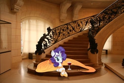 Size: 2816x1880 | Tagged: safe, artist:tokkazutara1164, artist:yanoda, rarity, g4, alternate hairstyle, clothes, dress, irl, photo, ponies in real life, shoes, solo, stairs, vector, wine glass, wink