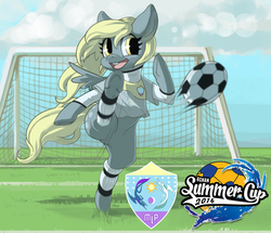 Size: 935x804 | Tagged: safe, derpy hooves, pony, g4, /mlp/, 4chan, 4chan cup, bipedal, clothes, featureless crotch, female, football, goalie, kicking, leg warmers, open mouth, patch, safest hooves, smiling, solo, underhoof