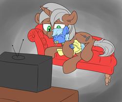 Size: 2500x2100 | Tagged: safe, artist:skitter, oc, oc only, pegasus, pony, unicorn, couch, diaper, footed sleeper, high res, pacifier, poofy diaper, television, watching tv