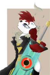 Size: 800x1200 | Tagged: safe, artist:unconditionallymolly, oc, oc only, anthro, anthro oc, clothes, colored, crying, ponified, red (transistor), simple background, solo, sword, transistor, weapon