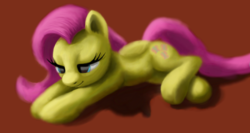Size: 1496x796 | Tagged: safe, artist:odooee, fluttershy, pegasus, pony, g4, female, lying, mare, simple background, sleepy, solo