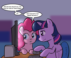 Size: 1000x815 | Tagged: safe, artist:empyu, pinkie pie, twilight sparkle, alicorn, earth pony, pony, g4, 30 minute art challenge, computer, duo, speech bubble, the sims, twilight sparkle (alicorn)