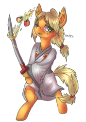 Size: 621x879 | Tagged: safe, artist:php154, applejack, earth pony, pony, g4, alternate hairstyle, apple, bipedal, clothes, female, kimono (clothing), looking at you, samurai applejack, simple background, solo, sword, transparent background, weapon