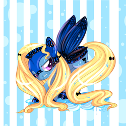 Size: 2000x2000 | Tagged: dead source, safe, artist:suzuii, oc, oc only, oc:blue peleide, butterfly, butterfly pony, original species, pony, abstract background, bow, butterfly wings, hair bow, high res, solo, tail bow, wet