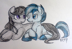 Size: 1400x955 | Tagged: safe, artist:rareponypairings, octavia melody, shady daze, earth pony, pony, g4, duo, female, male, older, shadytavia, shipping, smiling, straight, traditional art, unshorn fetlocks