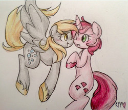 Size: 1363x1176 | Tagged: safe, artist:rareponypairings, derpy hooves, ruby pinch, pegasus, pony, unicorn, g4, blushing, crack shipping, derpypinch, duo, eye contact, female, lesbian, looking at each other, mare, older, older ruby pinch, shipping, traditional art