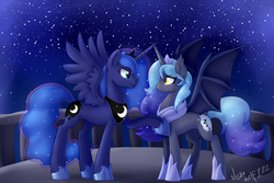 Size: 1000x666 | Tagged: safe, artist:night-wolf122, princess luna, oc, oc:princess nidra, alicorn, bat pony, bat pony alicorn, pony, g4, alicorn oc, balcony, mother and daughter, night, offspring, parent:oc:supernova, parent:princess luna, parents:canon x oc, parents:novaluna, solo