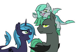 Size: 1113x761 | Tagged: safe, artist:starrynight32, oc, oc only, oc:anastasia, oc:aquamarine, oc:peridot flame, dracony, pony, brother and sister, female, freckles, happy, male, mare, offspring, offspring's offspring, open mouth, parent:oc:princess nidra, parent:oc:turquoise blitz, parents:oc x oc, pony hat, riding, siblings, simple background, sisters, smiling, stallion, white background, wink