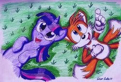 Size: 920x631 | Tagged: safe, artist:silversimba01, twilight sparkle, fox, pony, unicorn, g4, belly, crossover, cute, happy, looking up, male, miles "tails" prower, on back, open mouth, pointing, sonic the hedgehog (series), traditional art, twiabetes, unicorn twilight