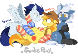 Size: 1280x930 | Tagged: dead source, safe, artist:oniku, braeburn, pokey pierce, soarin', earth pony, pegasus, pony, unicorn, g4, blushing, chubby, clothes, cute, gay, heart, looking at each other, looking into each others eyes, male, nervous, on back, ship:soarburn, shipping, simple background, socks, spread wings, stallion, striped socks, trio, white background, wingboner, wings