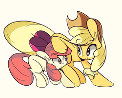 Size: 2000x1600 | Tagged: safe, artist:turtlefarminguy, apple bloom, applejack, g4, apple siblings, cute, looking at each other, noogie, simple background, sisters