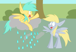 Size: 1024x696 | Tagged: safe, artist:dizzee-toaster, derpy hooves, sunshower raindrops, pegasus, pony, g4, cloud, female, mare, rain