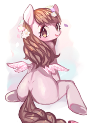 Size: 700x990 | Tagged: safe, artist:nitronic, oc, oc only, anatomically incorrect, butt, flower in hair, incorrect leg anatomy, looking back, pixiv, plot, sitting, solo, underhoof