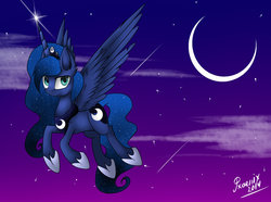 Size: 1024x761 | Tagged: safe, artist:pxoenix2014, princess luna, g4, female, flying, looking at you, moon, night, smiling, solo