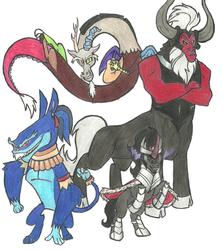 Size: 1700x1902 | Tagged: safe, artist:knightdemon, ahuizotl, discord, king sombra, lord tirek, g4, antagonist, traditional art