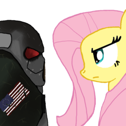 Size: 700x700 | Tagged: safe, artist:wolfabio, fluttershy, pegasus, pony, g4, crossover, fallout, fallout 2, frank horrigan, staring contest