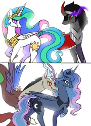 Size: 758x1053 | Tagged: safe, artist:kkitsu, discord, fluttershy, king sombra, princess celestia, princess luna, g4, female, male, ship:celestibra, ship:lunacord, shipping, straight