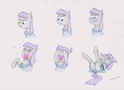 Size: 3507x2550 | Tagged: safe, artist:subscrewedup, maud pie, earth pony, pony, g4, clothes, covering, covering eyes, crying, ear fluff, expressions, eyes closed, female, high res, laughing, lying, mare, nose in the air, on back, open mouth, out of character, simple background, smiling, solo, tears of laughter, traditional art, uncontrollable laughter, when she smiles, white background