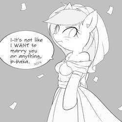 Size: 1900x1896 | Tagged: safe, artist:aryanne, oc, oc only, oc:aryanne, anthro, :t, anthro oc, arm hooves, baka, black and white, blushing, clothes, dress, fluffy, grayscale, heart, looking away, monochrome, pretend, solo, tsundere, wedding dress