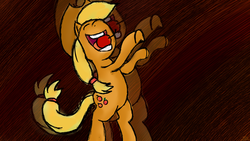 Size: 3840x2160 | Tagged: safe, artist:katsu, applejack, earth pony, pony, g4, apple, bipedal, female, high res, mouth hold, rearing, solo