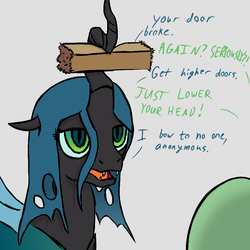 Size: 800x800 | Tagged: safe, artist:adequality, queen chrysalis, oc, oc:anon, changeling, changeling queen, g4, dialogue, female