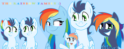 Size: 1024x404 | Tagged: safe, artist:soarindash4ever, rainbow dash, soarin', oc, oc:colorful cheers, oc:nitro, oc:soarin' jr., oc:sonic ray, g4, colt, family, hug, male, offspring, parent:rainbow dash, parent:soarin', parents:soarindash, ship:soarindash, shipping, smiling, straight, winghug