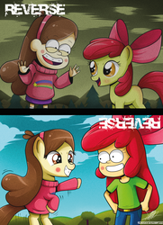 Size: 1181x1633 | Tagged: safe, artist:the-butch-x, apple bloom, earth pony, human, pony, equestria girls, g4, clothes, crossover, duo, equestria girls outfit, female, filly, foal, gravity falls, mabel pines, male, ponified, role reversal, species swap