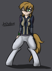 Size: 1280x1758 | Tagged: safe, artist:jetwave, oc, oc only, oc:littlepip, satyr, fallout equestria, bottomless, breasts, clothes, fanfic, fanfic art, female, gray background, hooves, jumpsuit, pipbuck, satyrized, simple background, solo, vault suit