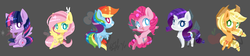 Size: 5182x1165 | Tagged: safe, artist:snow angel, applejack, fluttershy, pinkie pie, rainbow dash, rarity, twilight sparkle, alicorn, pony, g4, chibi, cute, female, mane six, mare, pixiv, twilight sparkle (alicorn)