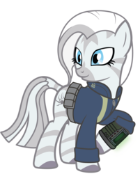 Size: 2845x3545 | Tagged: safe, oc, oc only, oc:crystal eclair, cyborg, zebra, fallout equestria, fallout equestria: influx, clothes, fanfic, fanfic art, high res, jumpsuit, pip-boy, simple background, solo, terminator, transparent background, vault suit, zebra oc