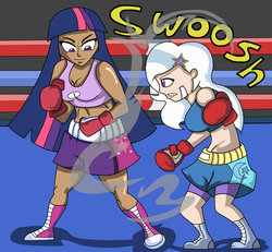 Size: 929x860 | Tagged: safe, artist:satoshitakeo, trixie, twilight sparkle, human, g4, boxing, boxing gloves, dark skin, humanized, punch