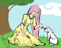 Size: 777x605 | Tagged: artist needed, safe, artist:elslowmo, fluttershy, human, rabbit, g4, boop, colored, female, humanized, solo
