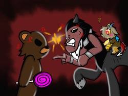 Size: 2048x1536 | Tagged: safe, artist:artmama113, discord, lord tirek, bear, centaur, draconequus, g4, angry, baby discord, candy, cloven hooves, cross-popping veins, duo, food, gritted teeth, lollipop, male, nose piercing, nose ring, pedobear, piercing, riding, septum piercing, young discord