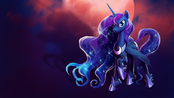 Size: 1920x1080 | Tagged: dead source, safe, artist:makkon, princess luna, alicorn, pony, g4, eclipse, ethereal mane, female, hoof shoes, horn, jewelry, looking at you, lunar eclipse, raised hoof, regalia, smiling, solo, sparkles, wallpaper, wings