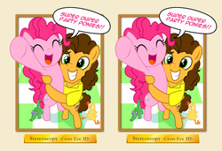 Size: 967x661 | Tagged: safe, artist:uotapo, boneless, cheese sandwich, gummy, pinkie pie, g4, cross eye stereogram, eyes closed, female, fourth wall, grin, male, open mouth, pointing, ship:cheesepie, shipping, smiling, stereoscopy, straight